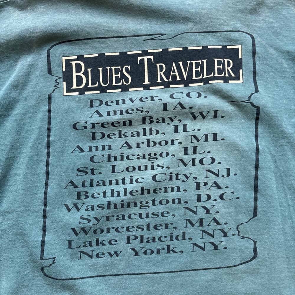 Vintage 90s BLUES TRAVELER 1996 Cat Jester Graphic Print Tour T Shirt L Anvil - Picture 12 of 13